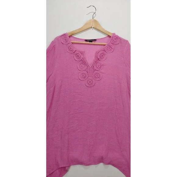 Zac & Rachel Womens Pink Crochet ‎ Blouse XL 3/4 Sleeve High Low Hem Lightwei - Picture 5 of 11